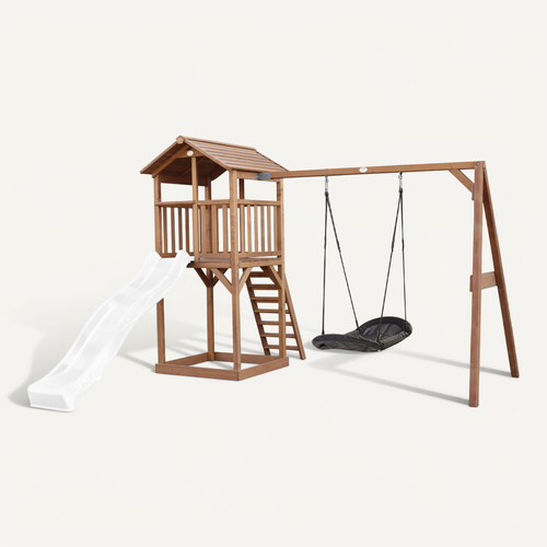 Beach Tower Aire De Jeux Avec Toboggan En Blanc,  Balançoire Nid D'oiseau Noir et Bac à Sable -