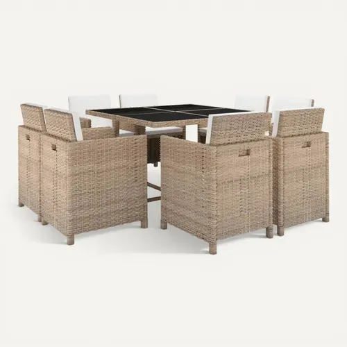 Ensemble De Salle à Manger D'extérieur 9 Pièces En Polyrotin Beige, Coussins, Table En Verre