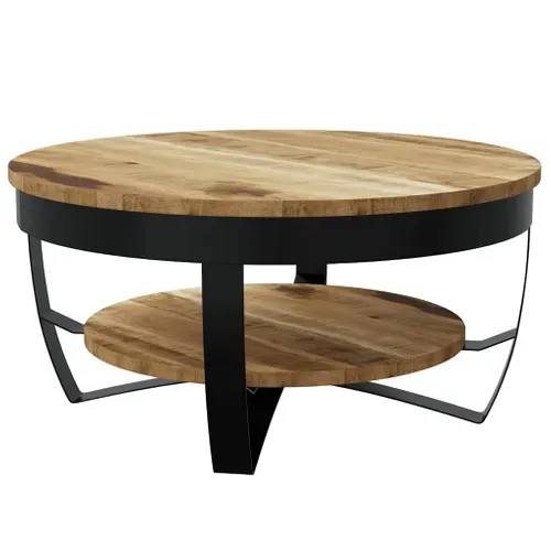 Table Basse Ronde En Manguier Brut Massif Avec étagère, Diamètre 65 Cm