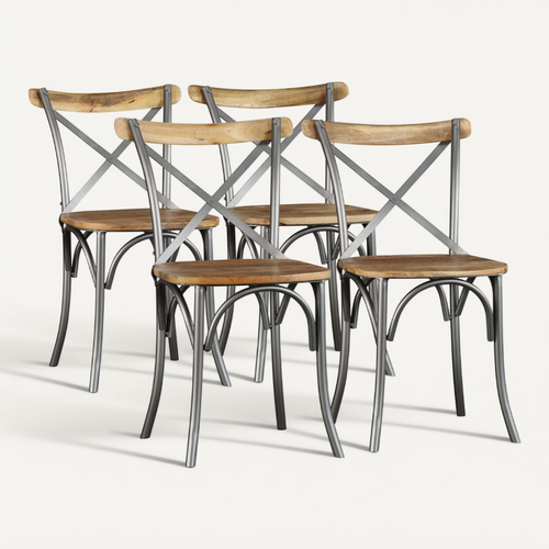 Lot De 4 Chaises À Manger Bois De Manguier Massif Et Acier Dossier Croisé