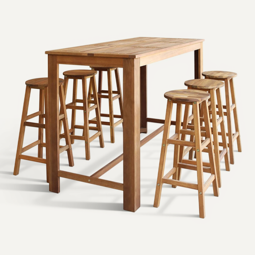 Lot De 7 Table Et Tabourets De Bar Bois Massif Acacia Huile 150x70x105 Cm