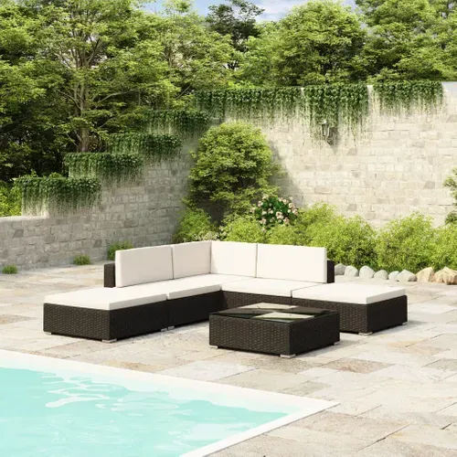 Salon de Jardin 6 pièces avec Coussins Résine Tressée Noir Mobilier Ensemble de Meubles Terrasse