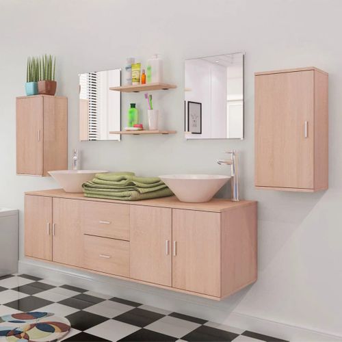 Mobilier De Salle De Bain Avec Lavabo 9 Pièces Beige