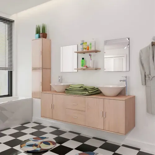 Mobilier De Salle De Bain Avec Lavabo 9 Pièces Beige