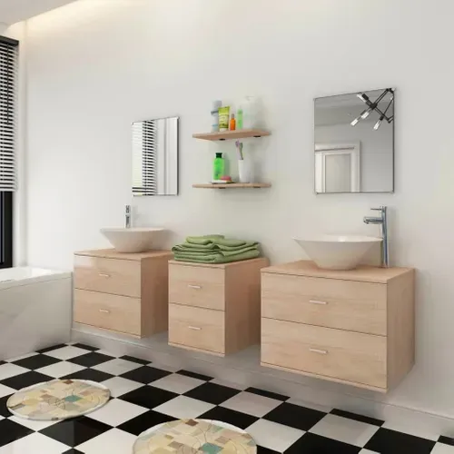 Mobilier De Salle De Bain Avec Lavabo 7 Pièces Beige