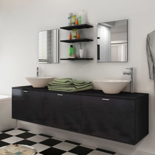 Meuble Vasque - Vasque + Robinet + Miroir + Etagères - Noir