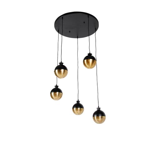 Suspension Industrielle Noire Avec Laiton 5 Lumières - Haicha