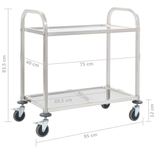 Chariot De Cuisine 2 Niveaux Inox 95x45x83,5 Cm Roulettes Frein