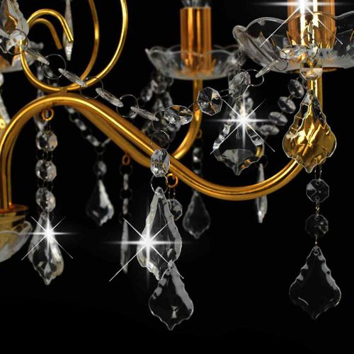 Lustre Rond Doré 6xe14 Avec Perles Cristal, Métal/acrylique D.60 Cm