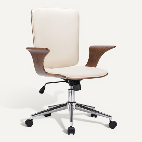 Chaise Pivotante De Bureau Crème Similicuir Et Bois Courbé