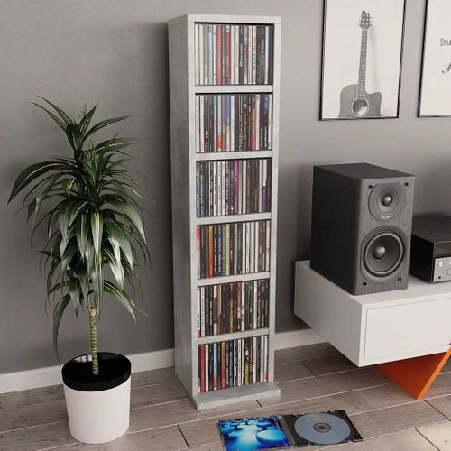 Armoire à Cd Gris Béton 21x20x88 Cm Bois Contreplaqué 6 Compartiments Ouverts