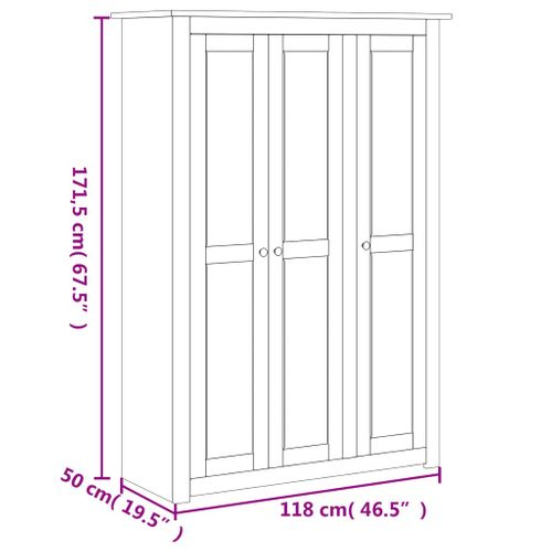 Garde-robe 3 Portes Gris 118x50x171,5 Cm Pin Assortiment Panama Penderie Armoire De Rangement