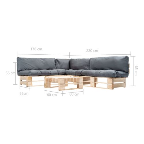 Salon De Jardin Palette 4 PCs Avec Coussins Gris Bois