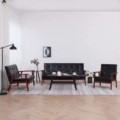 Ensemble De Canapés 3 Places + Canapé 2 Places + Fauteuils Noir Similicuir