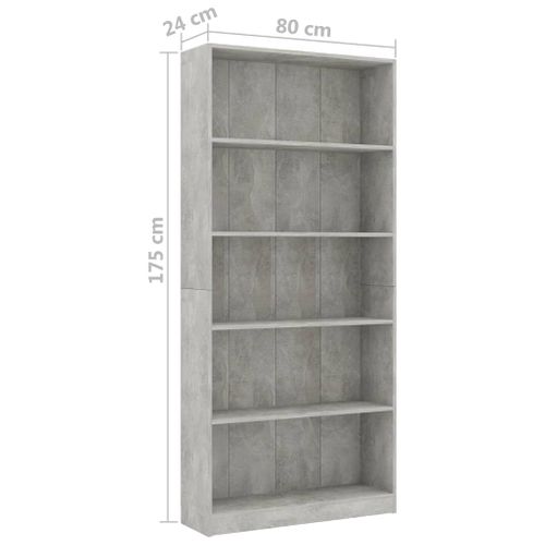 Bibliothèque à 5 Niveaux80x24x175 Cm Gris Béton Étagère De Rangement En Bois Contreplaqué