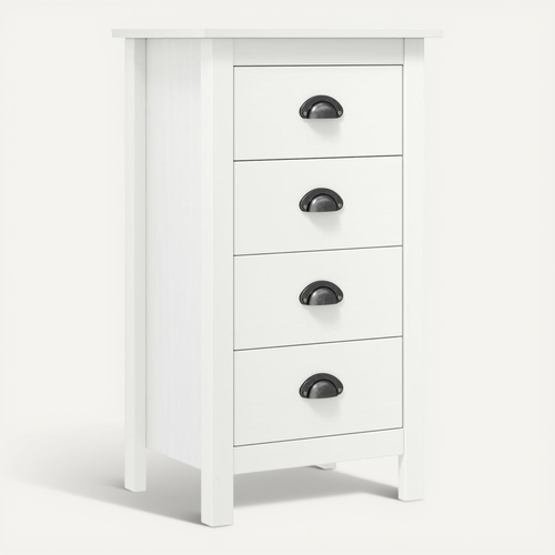 Buffet 4 Tiroirs En Pin Massif Blanc, Meuble De Rangement Moderne