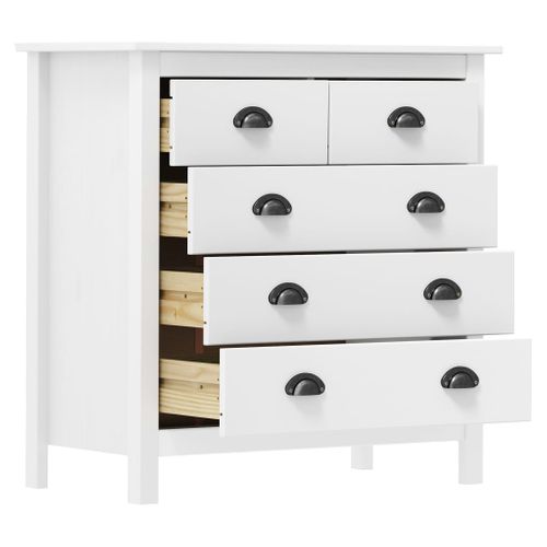 Buffet 5 Tiroirs En Pin Massif Blanc, Meuble De Rangement Moderne