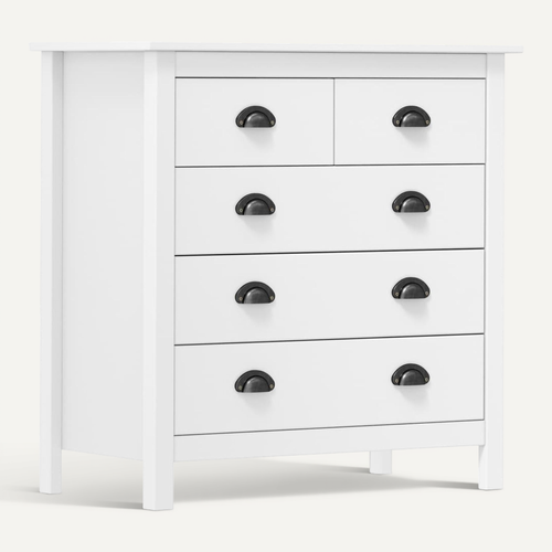 Buffet 5 Tiroirs En Pin Massif Blanc, Meuble De Rangement Moderne