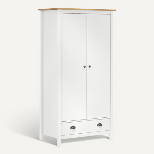 Armoire 2 Portes, 1 Tiroir, 1 étagère, En Pin Massif Blanc, Robuste, Avec Barre De Suspension