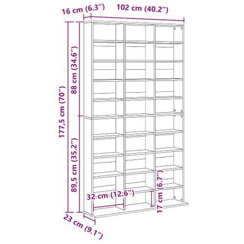 Armoire À Cd 102x16x177,5 Cm Bois Contreplaqué Gris Béton 30 Compartiments Ouverts