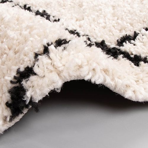 Tapis Rond à Poils Longs - Grand Lines Crème/noir - Rond - D. 200 Cm