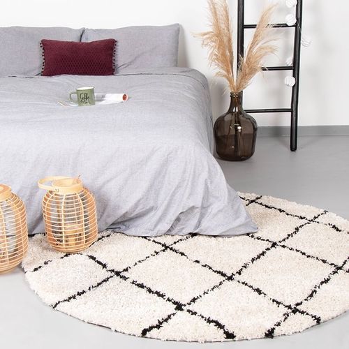 Tapis Rond à Poils Longs - Grand Lines Crème/noir - Rond - D. 200 Cm