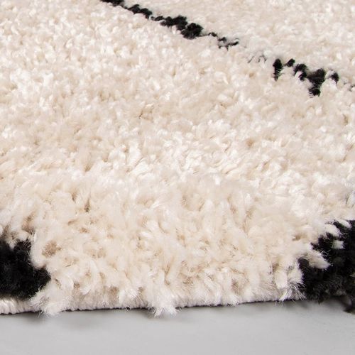 Tapis Rond à Poils Longs - Grand Lines Crème/noir - Rond - D. 200 Cm