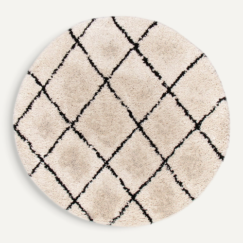 Tapis Rond à Poils Longs - Grand Lines Crème/noir - Rond - D. 200 Cm