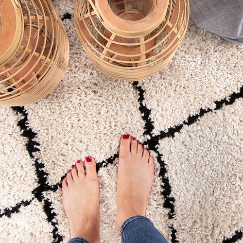Tapis Rond à Poils Longs - Grand Lines Crème/noir - Rond - D. 200 Cm