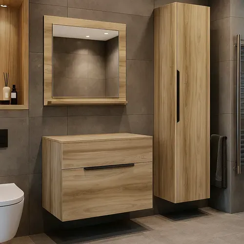 Ensemble De Meubles De Salle De Bain Cali 60 X 35 Cm   Chêne   Avec Miroir Et Armoire Latérale