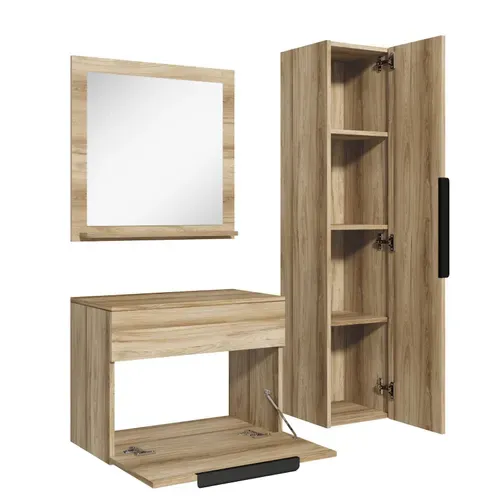 Ensemble De Meubles De Salle De Bain Cali 60 X 35 Cm   Chêne   Avec Miroir Et Armoire Latérale