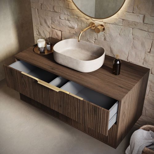 Meuble Sous Vasque Rimini 100 Cm – Noyer Brun – Meuble De Salle De Bain Suspendu Avec 2 Tiroirs