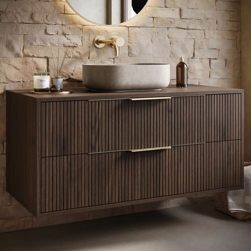 Meuble Sous Vasque Rimini 100 Cm – Noyer Brun – Meuble De Salle De Bain Suspendu Avec 2 Tiroirs