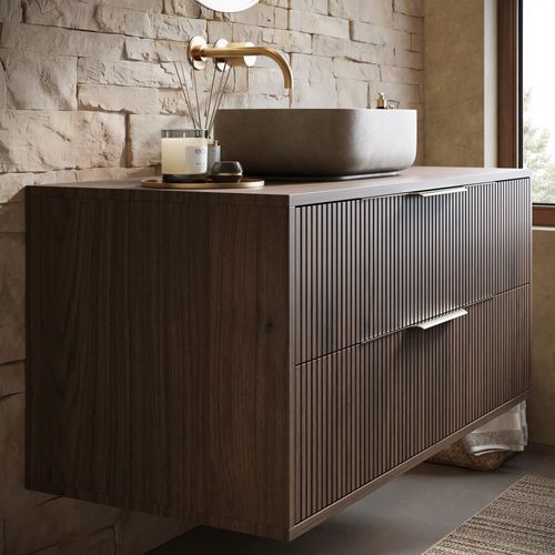Meuble Sous Vasque Rimini 100 Cm – Noyer Brun – Meuble De Salle De Bain Suspendu Avec 2 Tiroirs