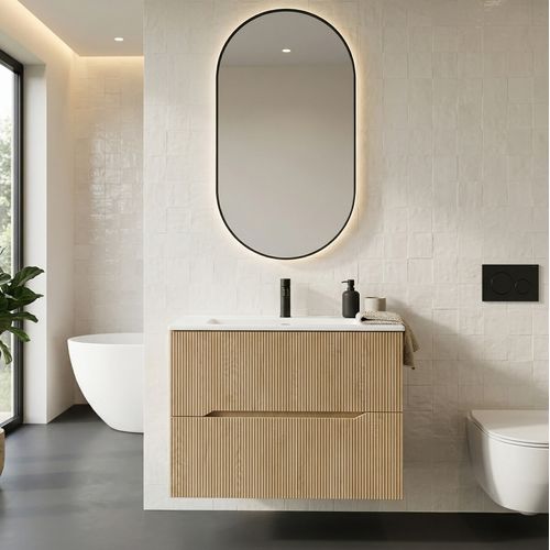 Meuble De Salle De Bain Nova 80 Cm – Chêne – Meuble Vasque Suspendu Avec 2 Tiroirs