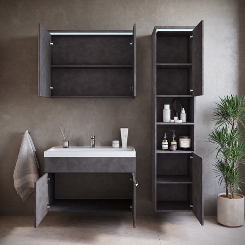 Ensemble Meuble De Salle De Bain Paso 80 X 40 Cm – Gris Foncé – Meuble Suspendu Avec Armoire Miroir