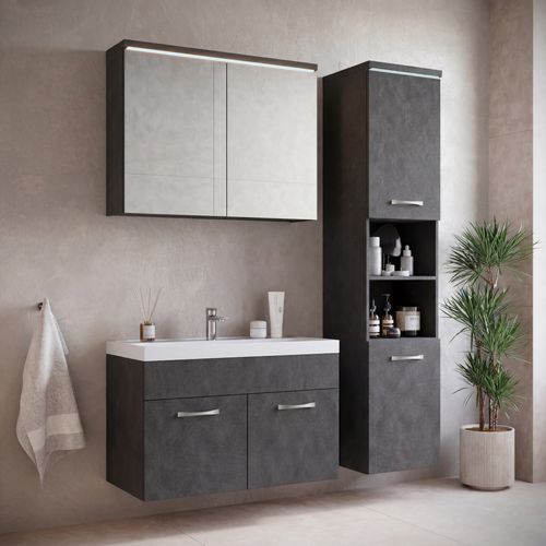Ensemble Meuble De Salle De Bain Paso 80 X 40 Cm – Gris Foncé – Meuble Suspendu Avec Armoire Miroir