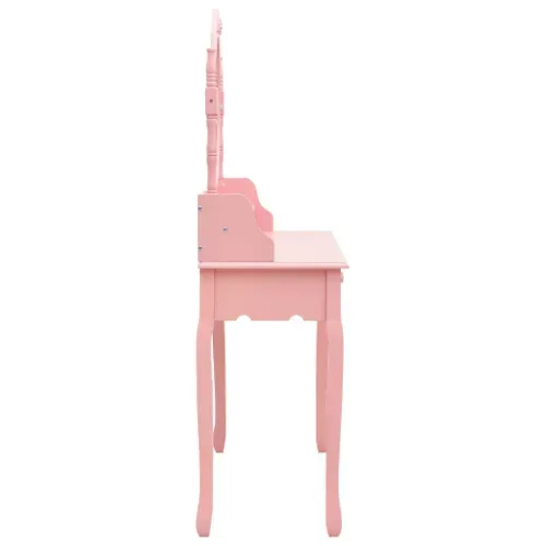 Ensemble Coiffeuse Avec Tabouret, 4 Tiroirs, Miroir Incrusté, Bois De Paulownia Rose