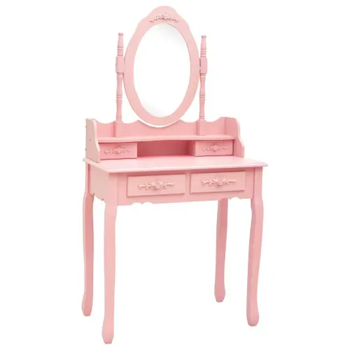Ensemble Coiffeuse Avec Tabouret, 4 Tiroirs, Miroir Incrusté, Bois De Paulownia Rose