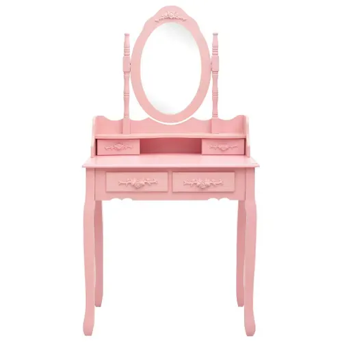 Ensemble Coiffeuse Avec Tabouret, 4 Tiroirs, Miroir Incrusté, Bois De Paulownia Rose