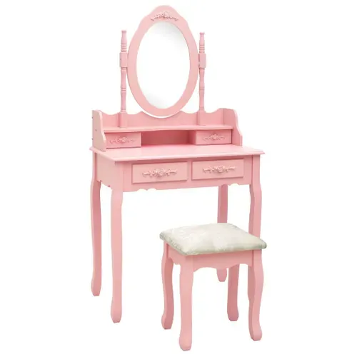 Ensemble Coiffeuse Avec Tabouret, 4 Tiroirs, Miroir Incrusté, Bois De Paulownia Rose