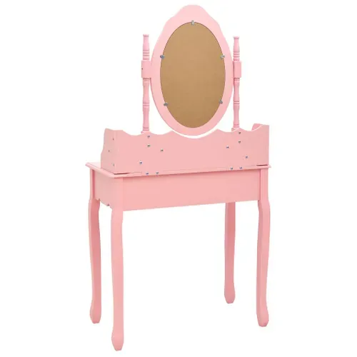 Ensemble Coiffeuse Avec Tabouret, 4 Tiroirs, Miroir Incrusté, Bois De Paulownia Rose