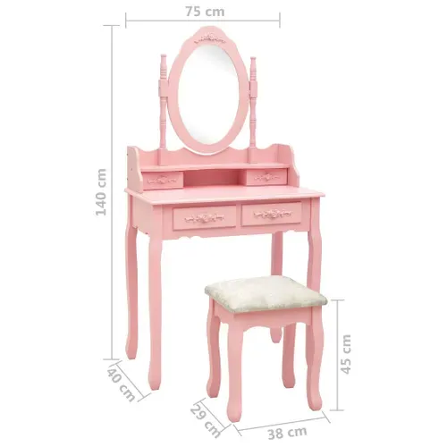 Ensemble Coiffeuse Avec Tabouret, 4 Tiroirs, Miroir Incrusté, Bois De Paulownia Rose
