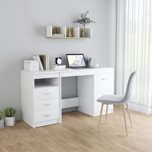Bureau Lot 1 Bois Contreplaqué Blanc 140x50x76 Cm 3 Tiroirs Porte Murale Sécurisée