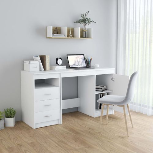 Bureau Lot 1 Bois Contreplaqué Blanc 140x50x76 Cm 3 Tiroirs Porte Murale Sécurisée