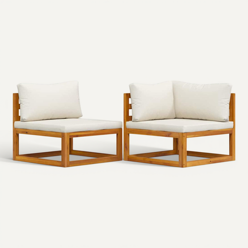 Ensemble De Canapés 2 Pièces En Bois D'acacia Massif Coussins Blanc Crème, Modulaires D'angle