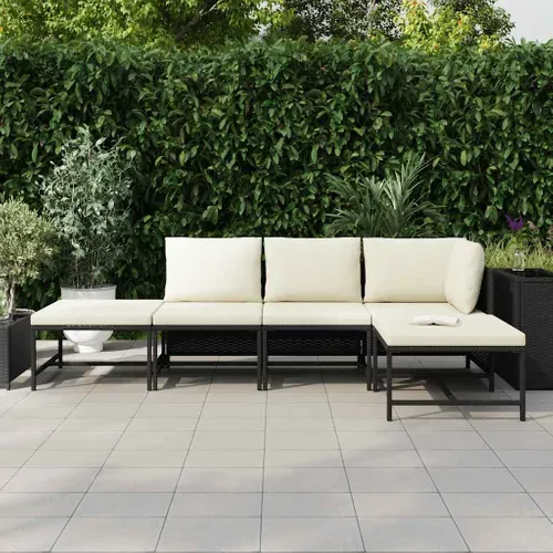 Lot De 5 Salon De Jardin Résine Tressée Noir Avec Coussins Crème