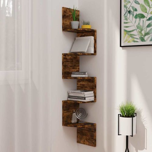étagère D'angle Murale Chêne Fumé 19x19x123cm Bois Contreplaqué