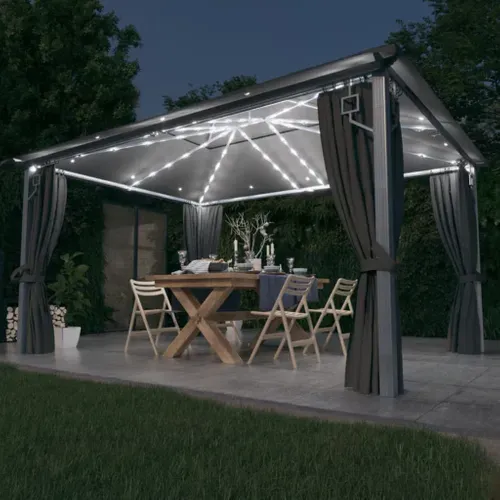 Tonnelle Avec Rideau Et Lumières LED 4x3 M Anthracite Aluminium Belvédère Pavillon Extérieur