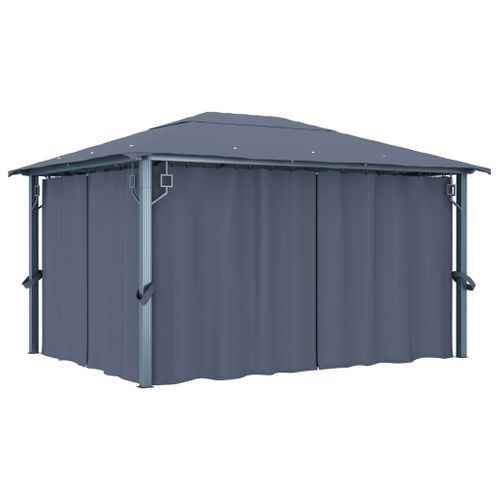 Tonnelle Avec Rideau Et Lumières LED 4x3 M Anthracite Aluminium Belvédère Pavillon Extérieur